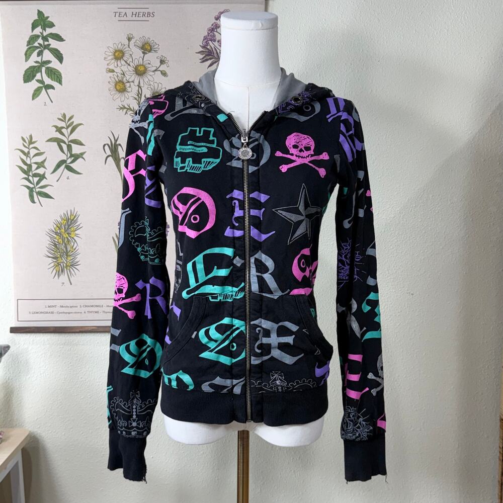 Y2k Fox Racing Full Zip Graphic Reversible Hoodie Jacket Grunge Emo Skater S - Picture 2 of 16